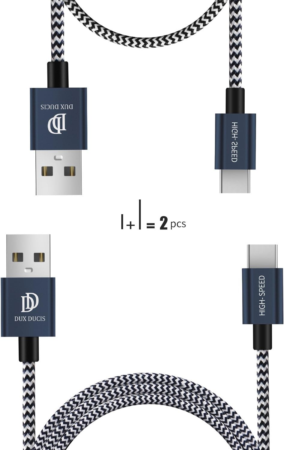 2-Pack USB Type C Cable by D-CASE - Nylon Black and White Stripe Charging/Data Cable, USB-C to USB-A Cable for Xperia XZ, LG G5, Nexus 5X, Nexus 6P, HTC 10 and More (3.3&0.66 Ft)(Blue)