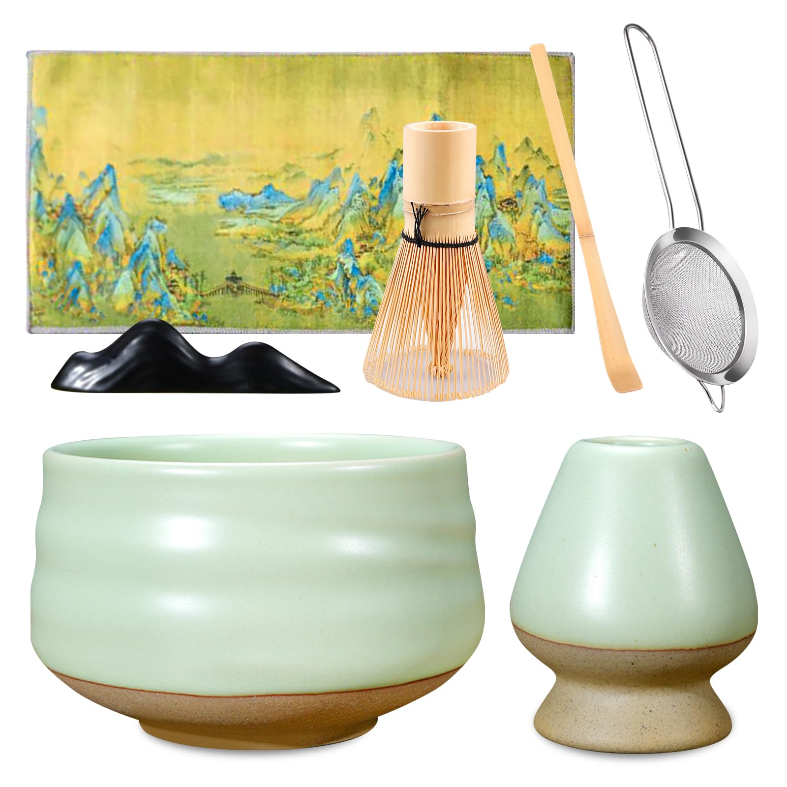 Matcha Set, Matcha Tee Set, 7er-Pack, erhältlich mit Matcha Schale, Schneebesen, Besenhalter, Teelöffel, Teelöffelhalter, MatchaSieb, Geschirrtuch, Geschenkbox für Teezeremonie, handgefertigtes Matcha