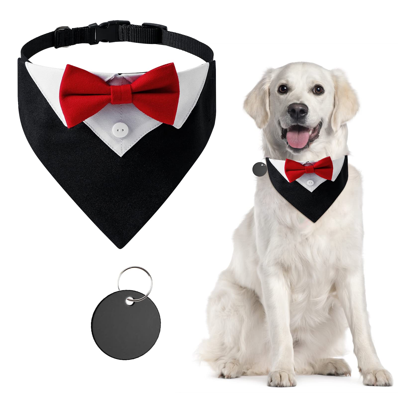 URROMA Red Formal Tuxedo Bandana, Cotton Wedding Collar With Bow Tie and Neck Tie for Dogs and Cats, L