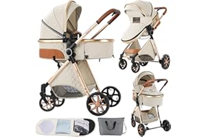 SUTTONBEBE 2 in 1 Baby Stroller with Bassinet Reversible Portable Standard Baby Stroller Convertible Pushchair Infant Buggy Baby Carriage Foldable High Landscape Pram for Toddler Newborn (2USV9-WHITE)