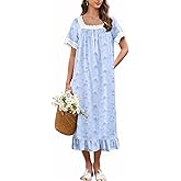 Ekouaer Cotton Nightgowns for Women Vintage Victorian Nightgown Short Sleeve Lace Night Gown Long Nightdress Soft Nightshirt