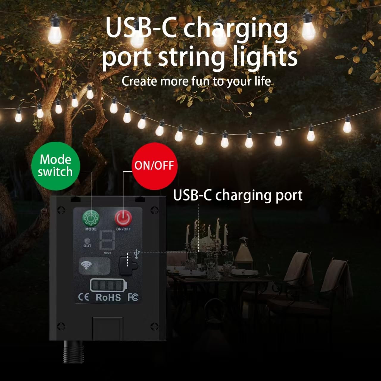 xitubal Solar LED Outdoor String Lights, 37Ft 15 LEDs Bulbs,IP65 Waterproof 8 Lighting Modes,Perfect for Patio, Garden, Halloween,Christmas Decorations