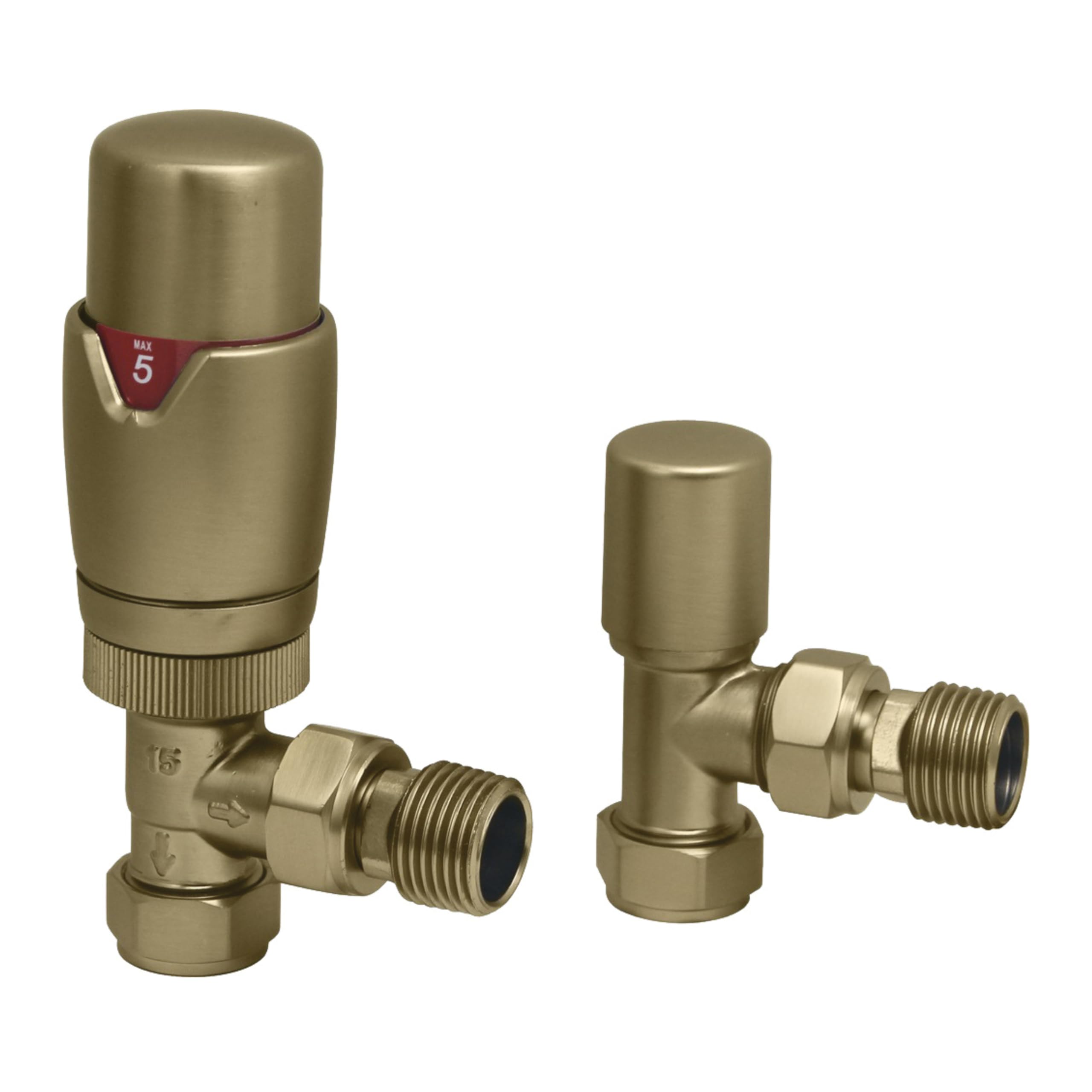 Thermostatic Radiator Valves and Angled Lockshield Valve - Classy and Modern Design 1/2" x 15mm Angled Radiator Valves (Brushed Brass)