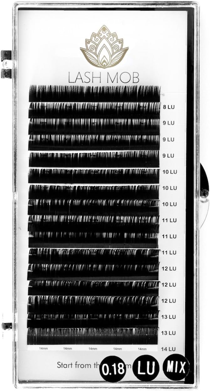 Eyelash Extensions by LASH MOB - LU Curl - 0.15 or 0.18 Diameter - Mixed Tray for Professionals (0.18)