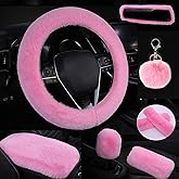 STEVE YIWU Cute Fluffy Steering Wheel Cover Set, Warm Soft Fur Fuzzy Steering Wheel Covers for Women/Girls,Universal 15 Inch 1 Set 8 Pcs Furry Car Accessories (Pink)