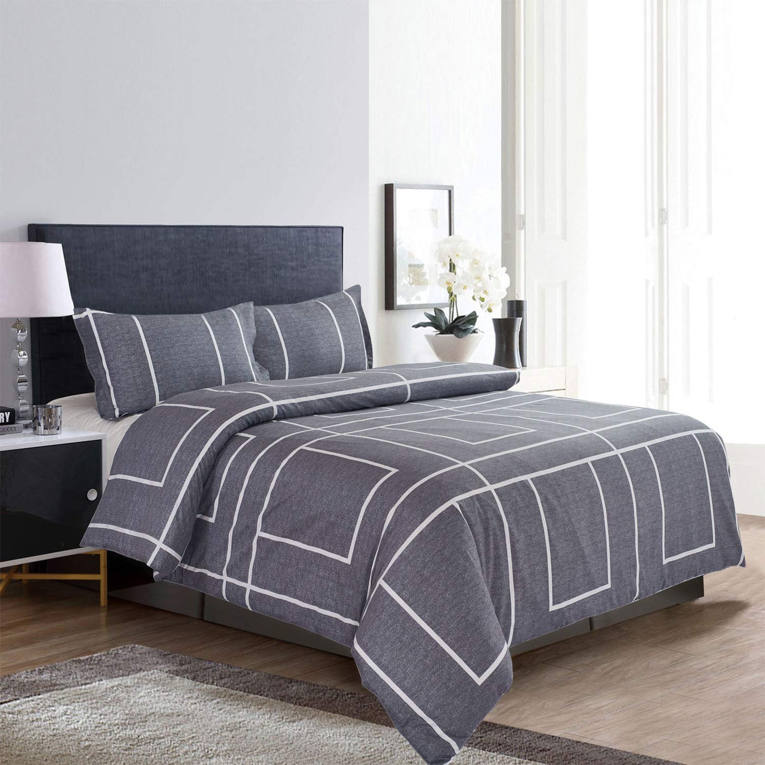 Wake In Cloud Grey Duvet Cover Set, 100 Cotton Bedding, White Modern