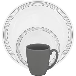 Corelle 16 Piece Pattern of Bands & Dots Livingware Dinnerware Set, Versatile Gray