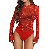 Avidlove Women Long Sleeve Bodysuit Rhinestone Bodysuit Mesh Bodysuit Tops Sexy Party Outfits