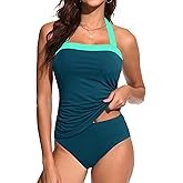 Womens Two Piece Tankini Swimsuit Tummy Control Bathing Suits Slim Halter Swimwear with High Waisted Bottom M