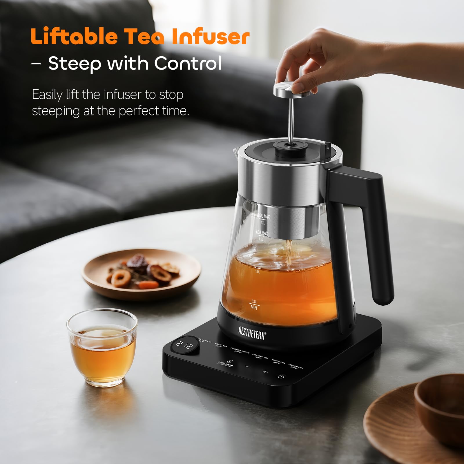 Aesthetern Tetera Eléctrica con Infusor Hervidor Eléctrico de Vidrio de 1,7 L con Control de Temperatura Apagado Automático 12H Mantener Caliente para Calentador de Agua para Té y Café, Negro