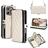 Rssviss Crossbody Case Wallet for iPhone 16 Pro, RFID Blocking Leather Case with Card Holder Kickstand, Handbag Zipper Flip Cover with Wrist Strap for iPhone 16 Pro Men Women 6.3", White