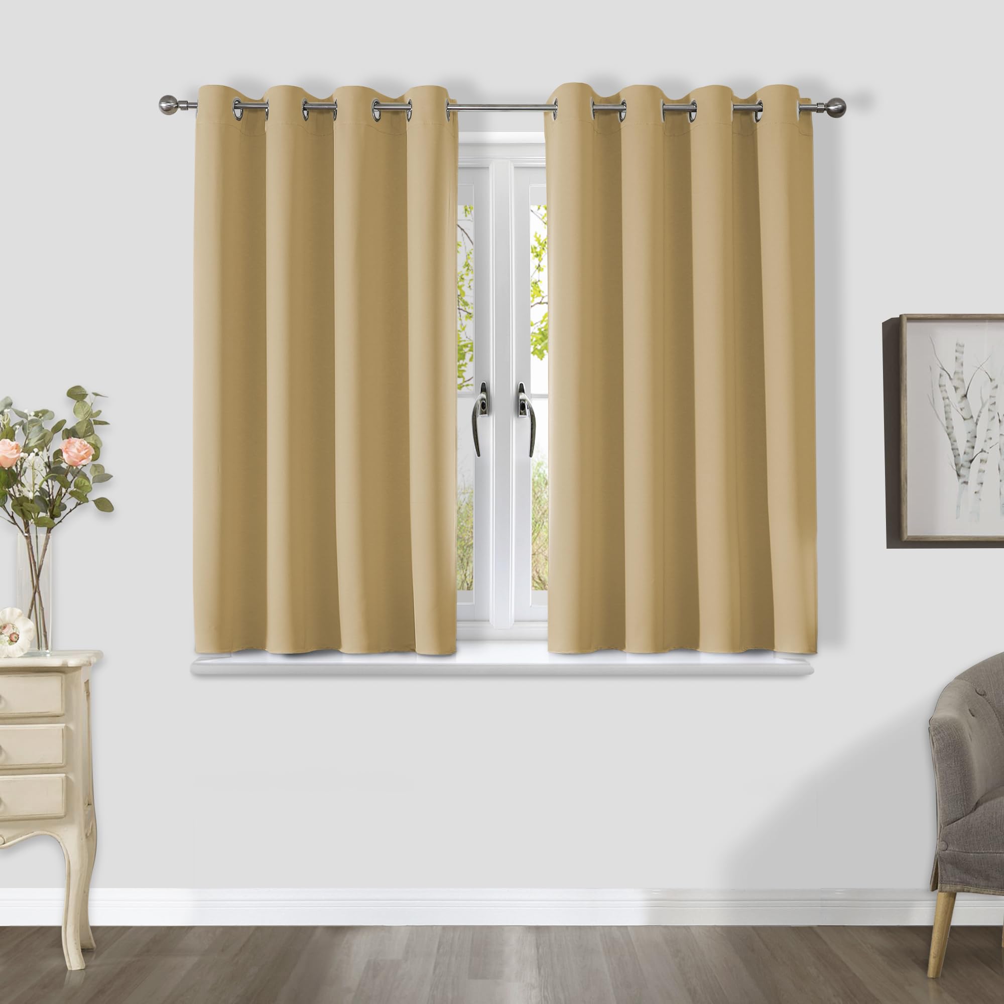 CUCRAF Blackout Curtains for Bedroom & Living Room, Beige Thermal Curtains, 54 Inch Drop, 2 Panels, Eyelet, Soundproof