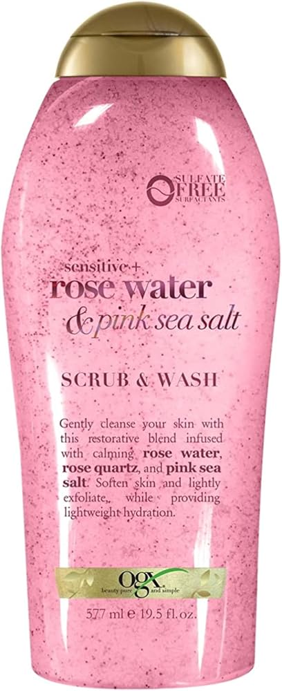 OGX Sensitive + Rose Water & Pink Sea Salt Body Scrub, 19.5 fl oz | Gentle Exfoliating Daily Body Wash, Rose Quartz, Softens