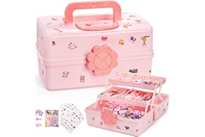 ZOOFOX Cute Hair Accessories Organizer for Girls, 3-Layers Pink Craft Storage Container with Handle, Lockable Storage Box for