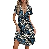 YSYOKOW Women's Summer Faux Wrap V Neck Midi Dress Short Sleeve Casual A-Line Sundress with Pockets for Beach Party Work
