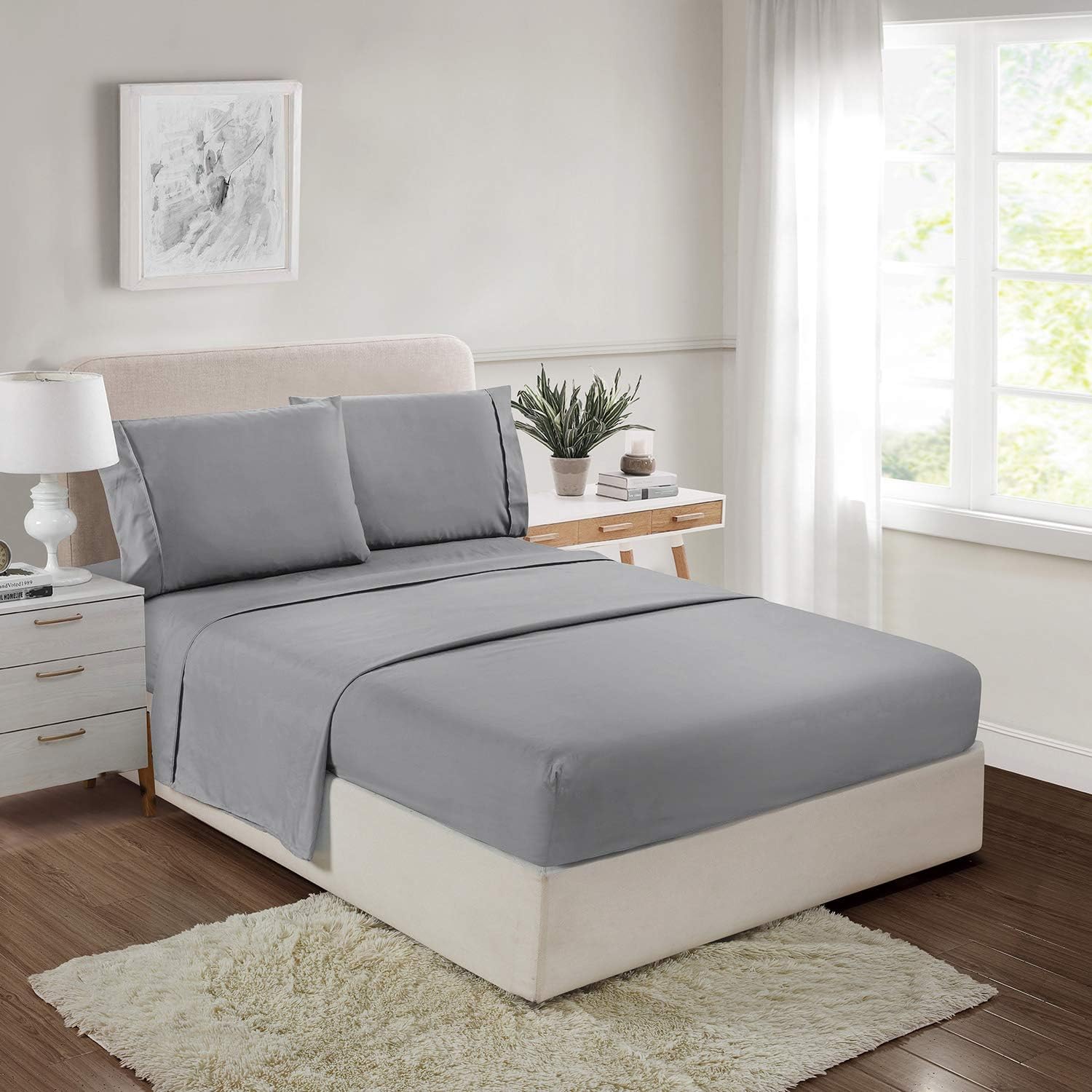 softan King Bed Sheet Set,1 Flat Sheet,1 Deep Pocket Fitted Sheet, and 2 Pillow Cases, 4 PC Brushed Microfiber Bedding Sheet Set, Breathable & Silky Soft Feeling Sheets（Light Grey）: Home & Kitchen