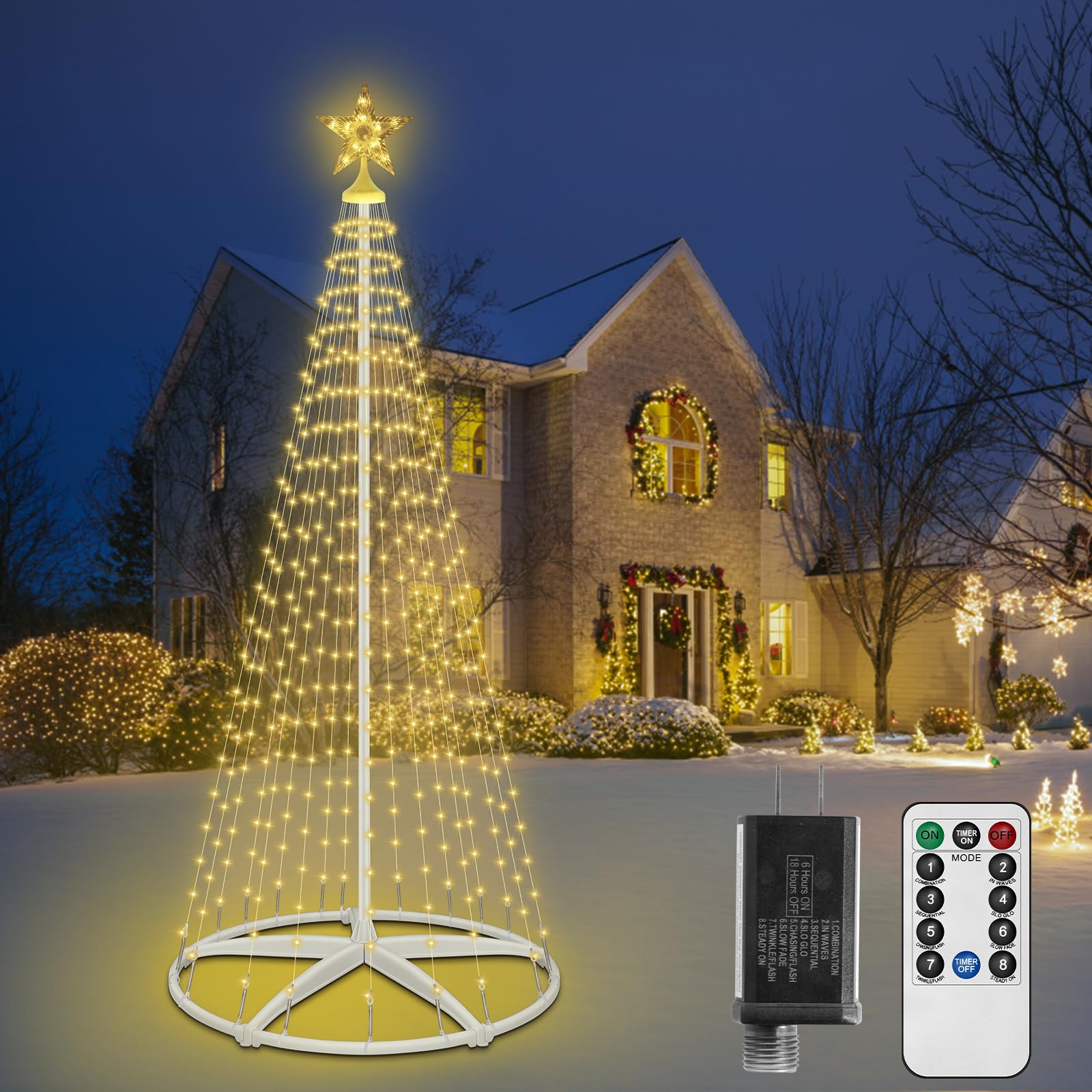 Photo 1 of HELESIN 7.5ft 310 LED Christmas Tree Lights, Outdoor Christmas Cone Tree with 8 Modes Timer Remote Waterproof, Christmas Tree Lightshow for Indoor Outside Yard Porch Xmas Decorations, Warm White