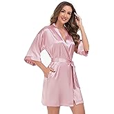 VOGUEMAX Women's Short Kimono Robe Silky Satin Bathrobe Bride Bridesmaids Getting Ready Sleepwear Soft Nightgown