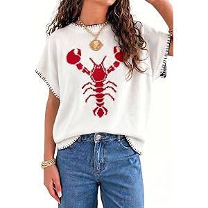 Mazulun Womens Crawfish Sleeveless Knit Sweater Vest Casual Crewneck T Shirts Summer Pullover Tops