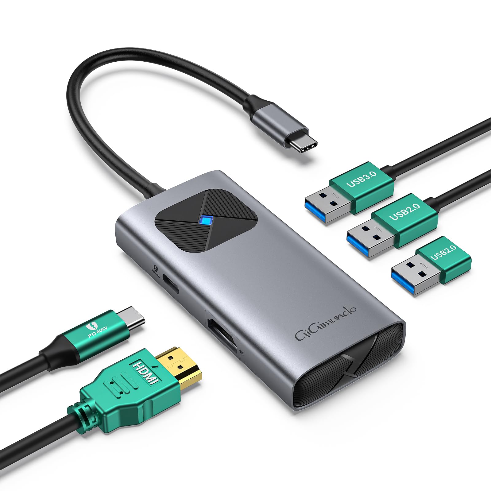 GiGimundo USB C Hub Multiport Adapter with 60W PD Fast Charging, Type-C to HDMI Adapter with 4K@60Hz, HDMI to USB C Compatible for MacBook Air/Pro, iPad Pro, HP Laptops, Mac Mini, Grey