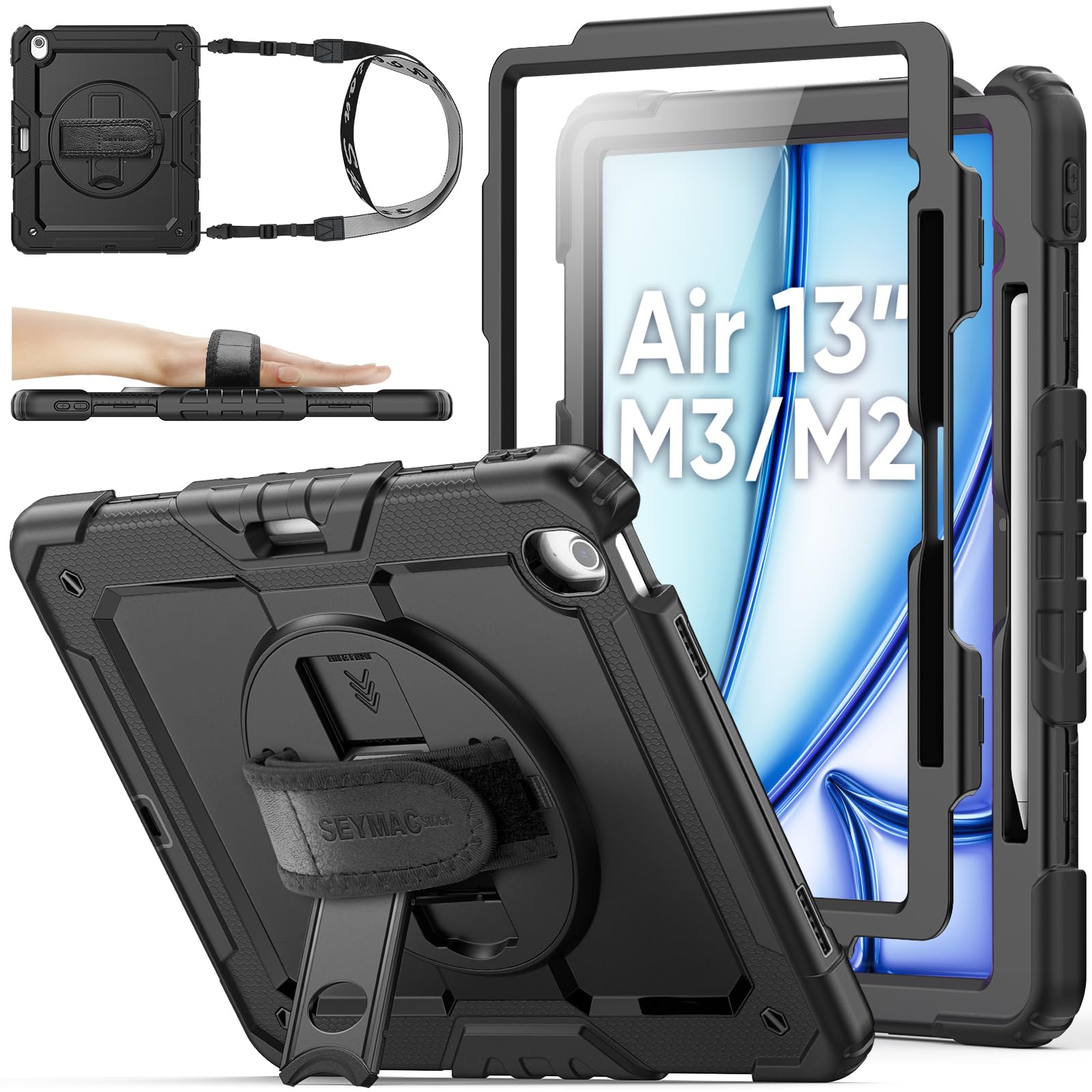 Photo 1 of SEYMAC stock for iPad Air 13 inch Protective Case M3 2025/ M2 2024, Heavy Duty Case with Screen Protector, Pencil Holder, Rotating Stand, Hand Strap, Shoulder Strap, Black