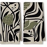 ArtisaEura Abstract Dark sage Green and Black Boho Floral Kitchen Towels Set of 2, 70s Retro Groovy Botanical Dish Tea Towels for Kitchen Bathroom Decor, Mid Century Modern Hand Towels, 16x24 Inch