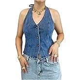 Miqil Women Sleeveless Denim Halter Top Backless Halter Neck Button Down Crop Denim Vest V Neck Back Tie Jean Vest