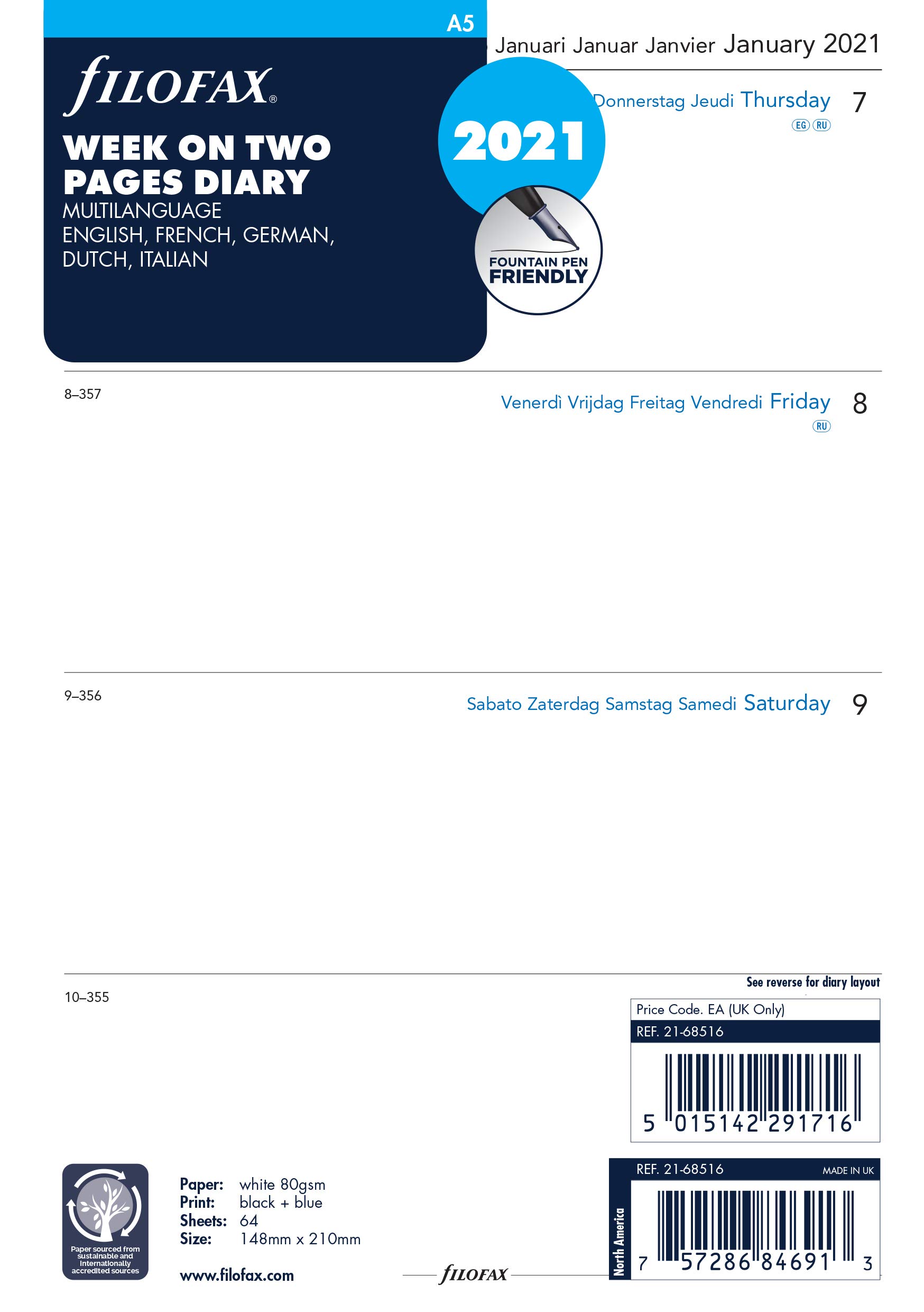 Filofax A5 Week on Two Pages 5 Language 2021 Diary