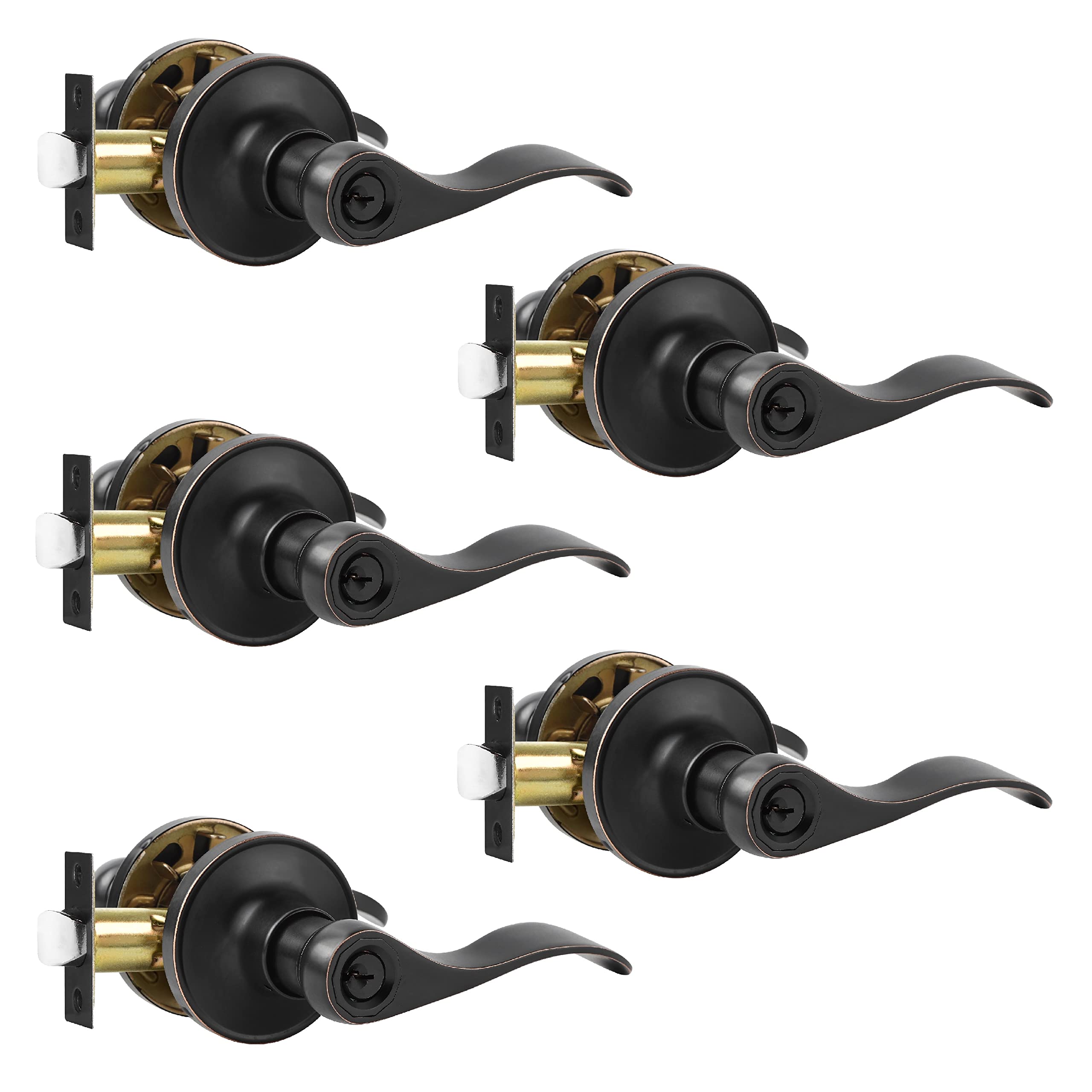 Leydebong 5 Pack Door Knob with Lock, Keyed Alike Door Handles, Entry Door Lock, Wave Style Door Levers, Universal Handing, Drop Lever Shape,Finish in Oil Rubbed Bronze