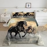 Black Horse Comforter Set Queen 3D Horse Printed Down Comforter, for Adult Women Boys Wild Animal Pattern Quilted Duvet Chic Unique Horse Western Cowboy Farmhouse Theme Soft Breathable Duvet Insert