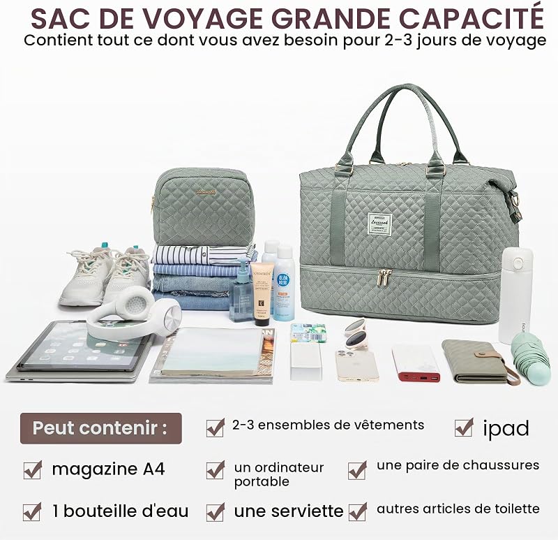 Sac de Voyage Femme Sac de Sport Gym Weekend Travel Duffel Bag Sac Cabine Avion Easyjet Bagage a Main Sac a Langer Bebe Valise Maternité Mommy Family Bag avec Trousse de Toilette