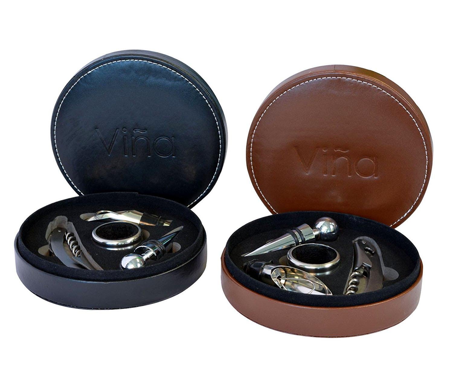 Vina Wine Opener Gift Set, 4 Pieces Wine Bottle Accessory Kit Includes: Stainless Steel Wine Corkscrew, Drop Ring, Wine Pourer, Wine Stopper, Arranged In a Elegant Box, Brown