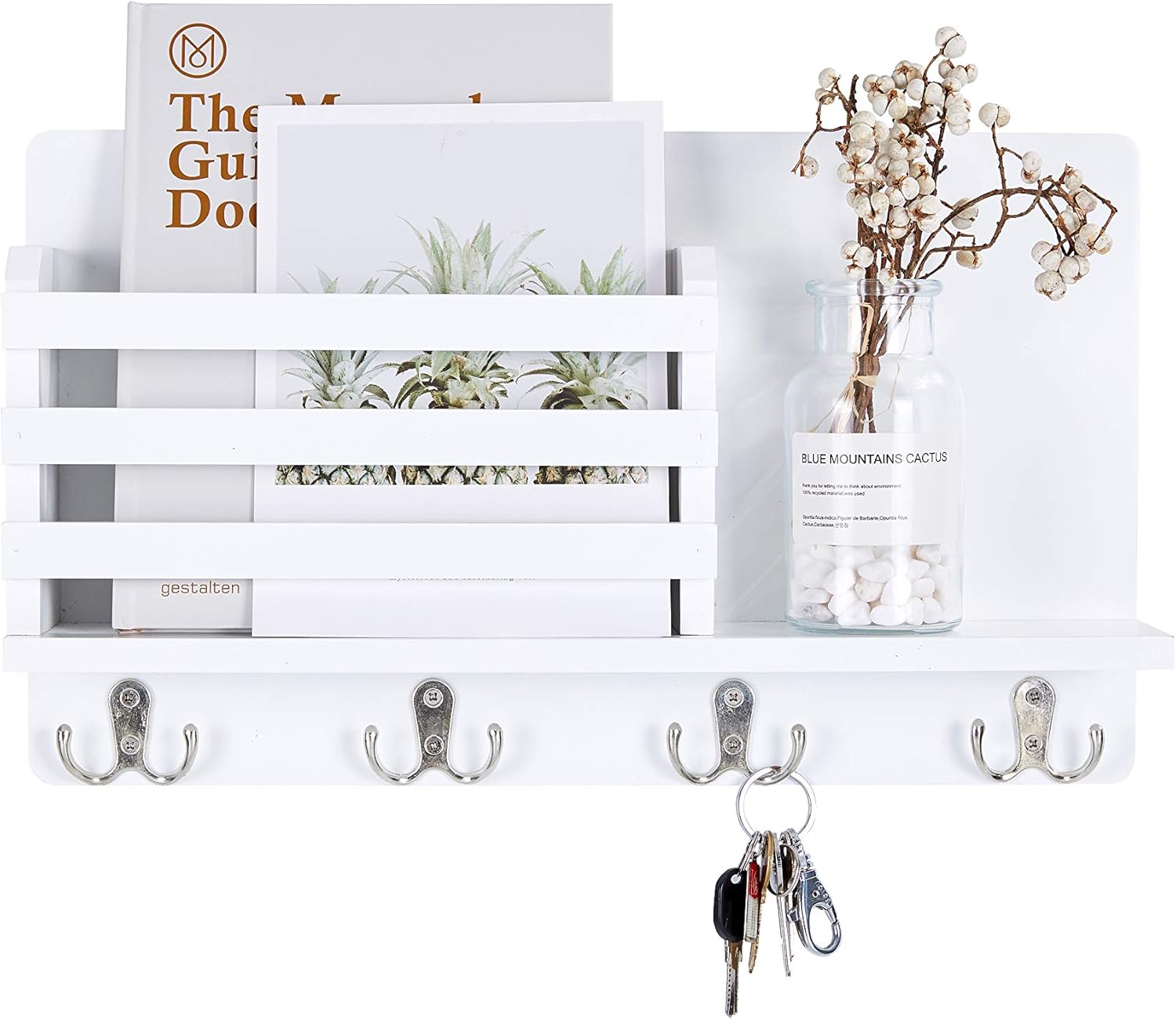 Mimacoo Wall Mounted Key Mail Holder Wooden Mail Sorter with 4 Double Key Hooks and A Floating Shelf Home Decor for Entryway or Mudroom,White