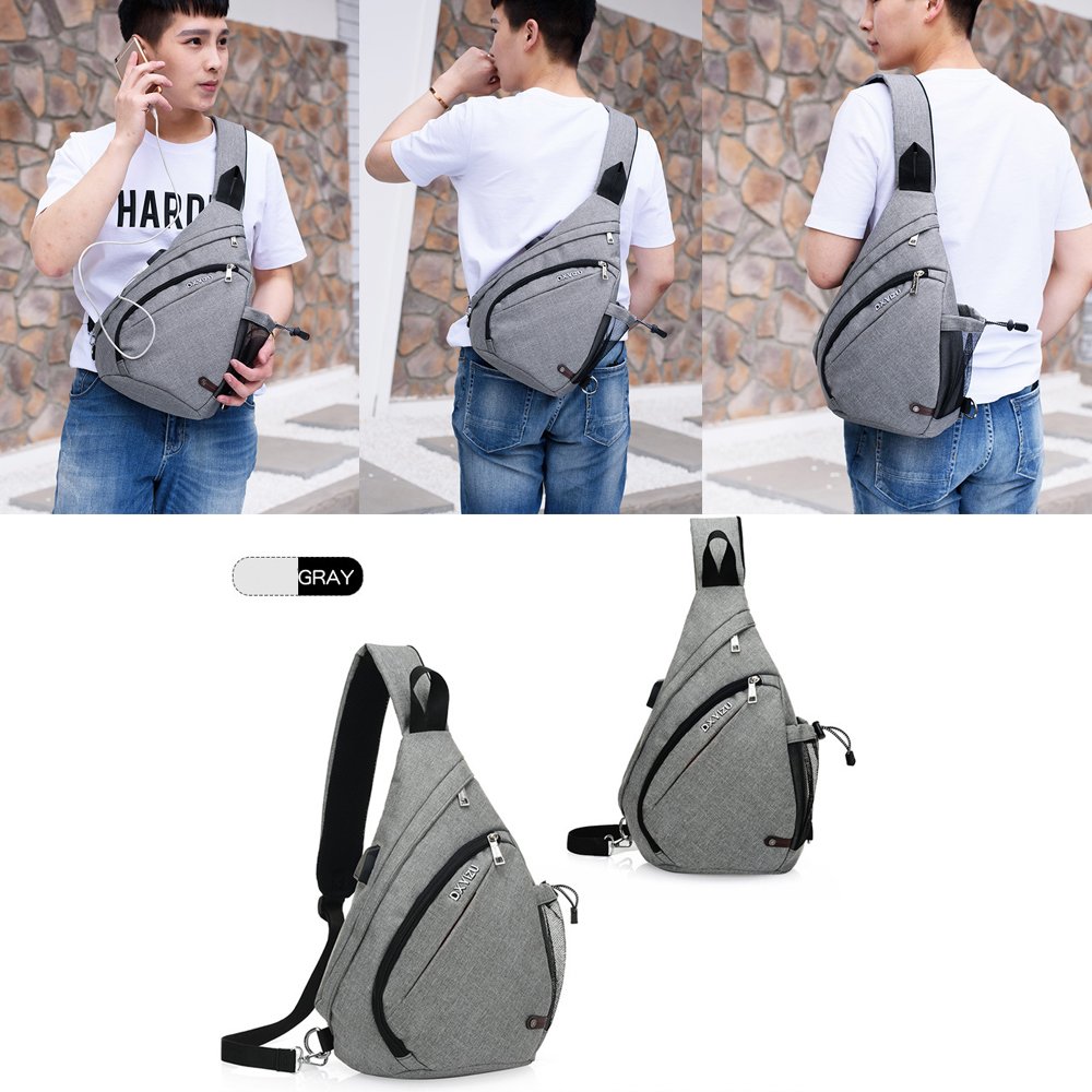 Sling Bag Chest Shoulder Backpack SINOKAL Casual Crossbody Shoulder Triangle Packs Daypacks for Men Women Canvas Digital Camera Bags with Charging Port for Sport Outdoor Gym Travel Hiking (Grey)