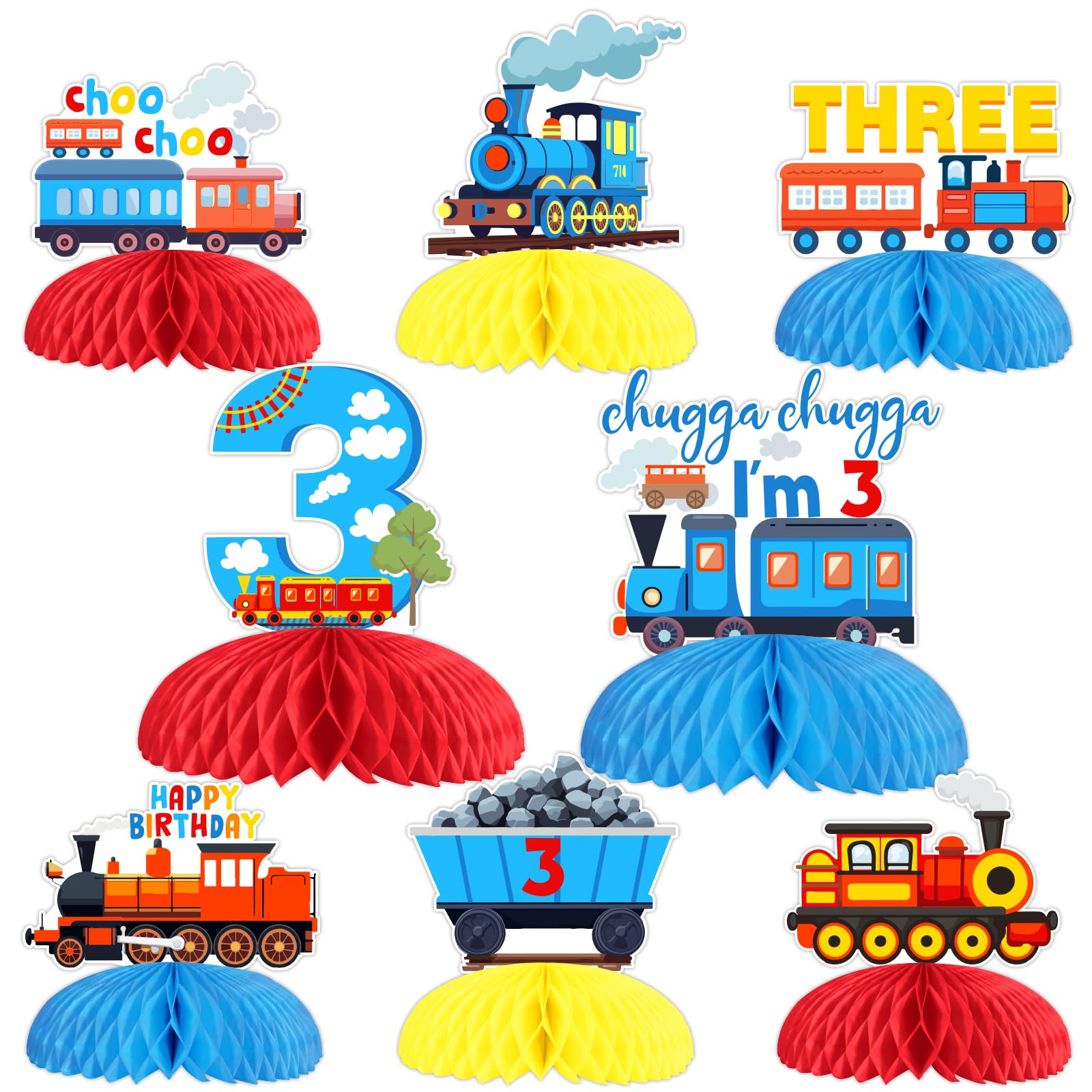 kreat4joy Train 3rd Birthday Decoration, Chugga Chugga I’m Three Table Honeycomb Centerpiece Red Blue Double-Sided Printing Table Decor for Boy Choo Choo Train 3rd Birthday Party Decorations