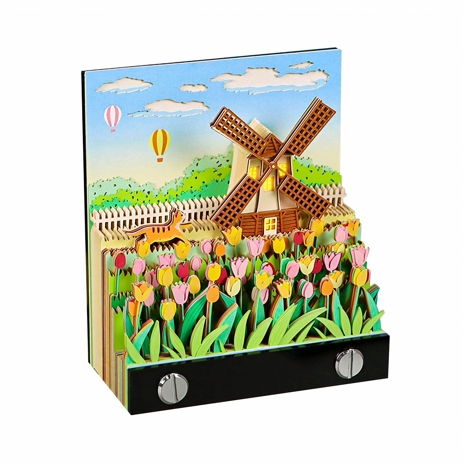3D Calendar 2026,Time Piece 2026 Desk Calendar DIY Post Notes for Office Home Gifts windmill Ornaments (With Calendar & Light)