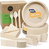 Gezond 250pcs Disposable Paper Plates Set, Compostable Party Supplies, Biodegradable Dinnerware Include Paper Plates, Cocktail Napkins, Utensils for Party, Picnic, 50 Each