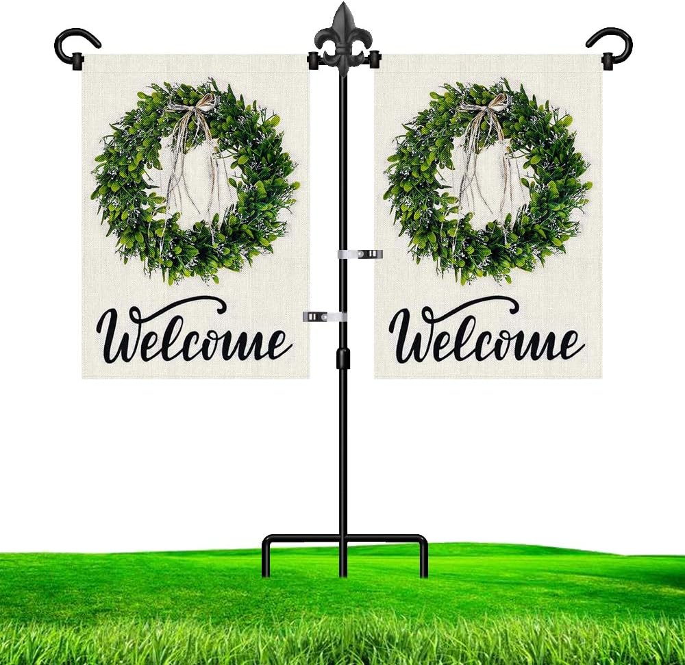 Flagpole Hardware - LAIRIES Garden Flag Stand Holder for Double Flags with Fleur De Lis Yard Flag Stopper and Anti-Wind Clip 37’’H x 30’’W Black Wrought Iron Yard Garden Season Flag Pole Outdoor