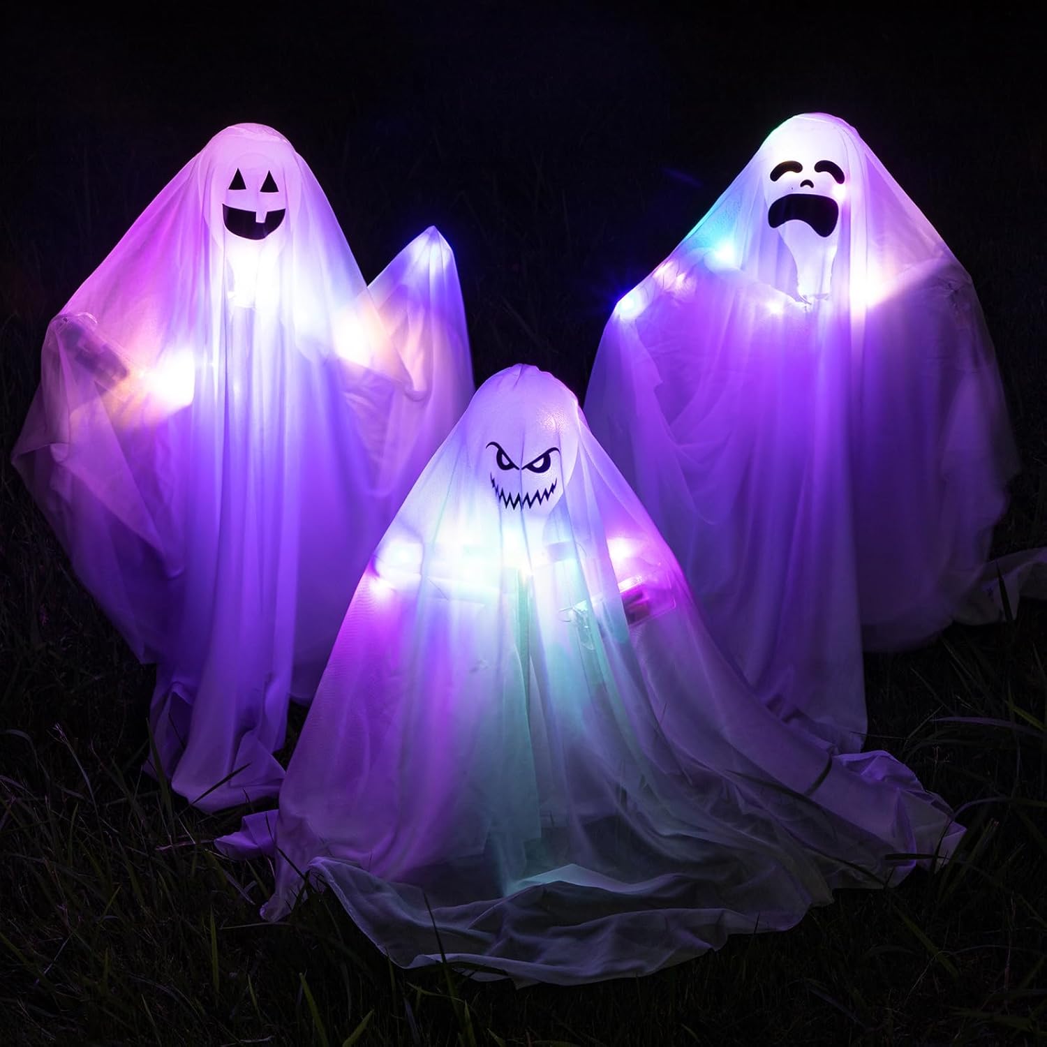 Decorative Garden Stakes - Huwena 3 Pcs Halloween Ghost Yard Stakes with Light up Haunted Cloth Ghost Stakes Halloween Stakes Yard Decoration with LED Lights for Lawn Graveyard House Outdoor Decor (Classic,19.69 x 7.87 Inches)