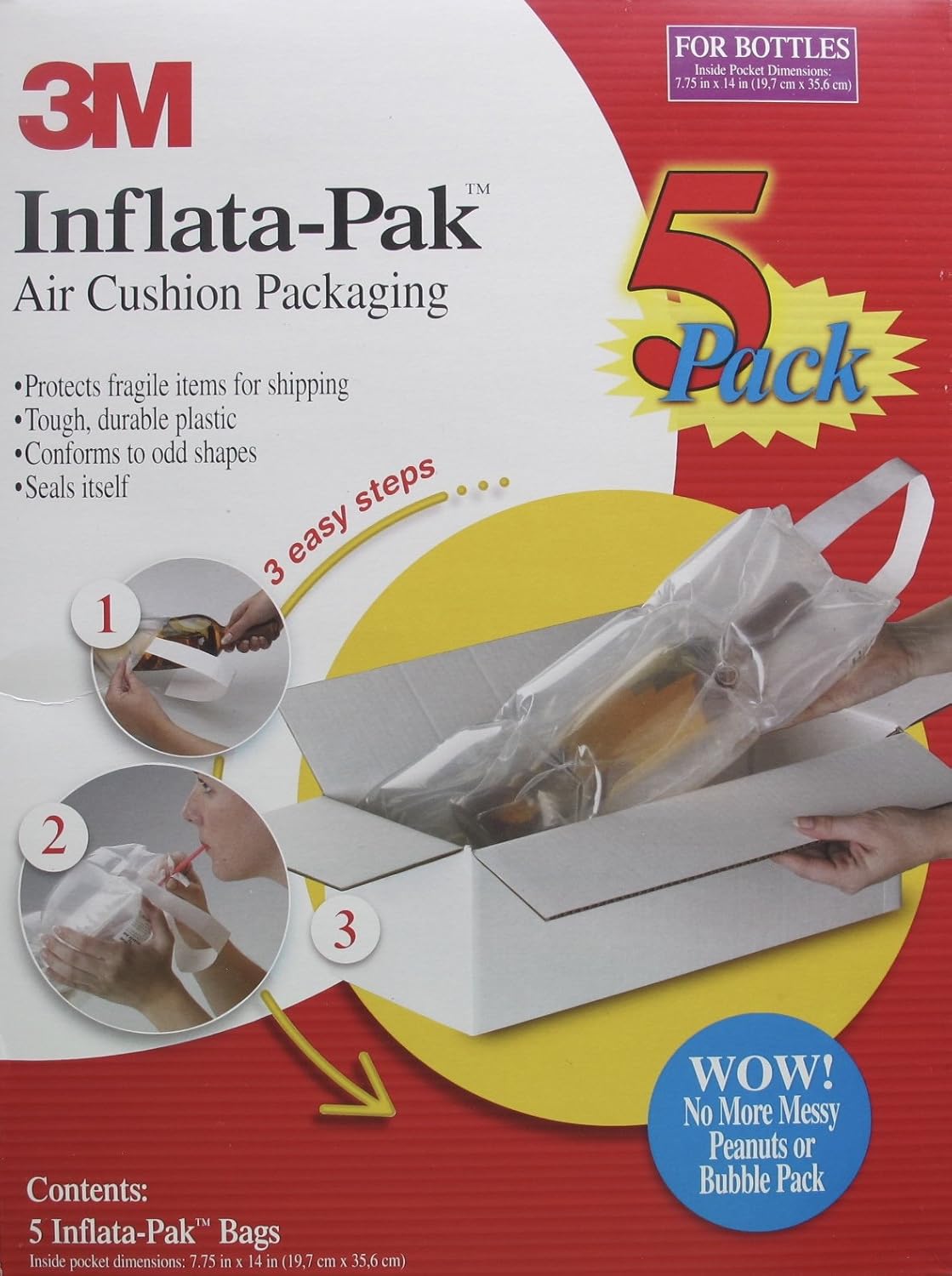 1 BOX of 5 Bags FOR BOTTLES Size 3M Inflata-Pak AIR CUSHION PACKAGING Each BAG 7-3/4" x 14" (19.7 CM x 35.6 CM Inside Pocket Size)