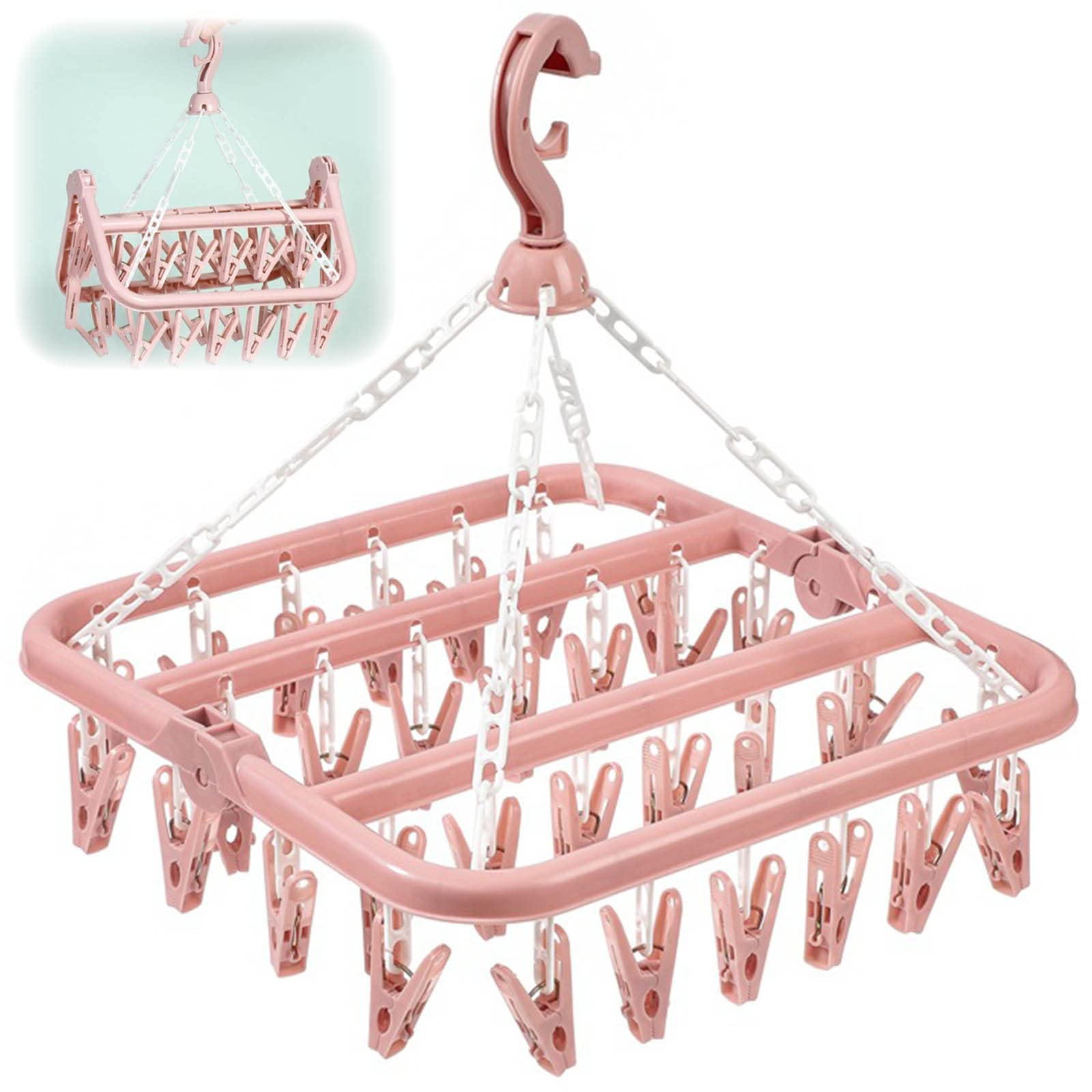 MENFENG Clothes Drying Hanger and Drip Foldable Hanging Sock Rack（32 Clips ） Multifunction clothes drying rack，Rotary Wind-sock hanger for washing line，for Socks, Underwear, Bras, Baby Clothes (Pink)
