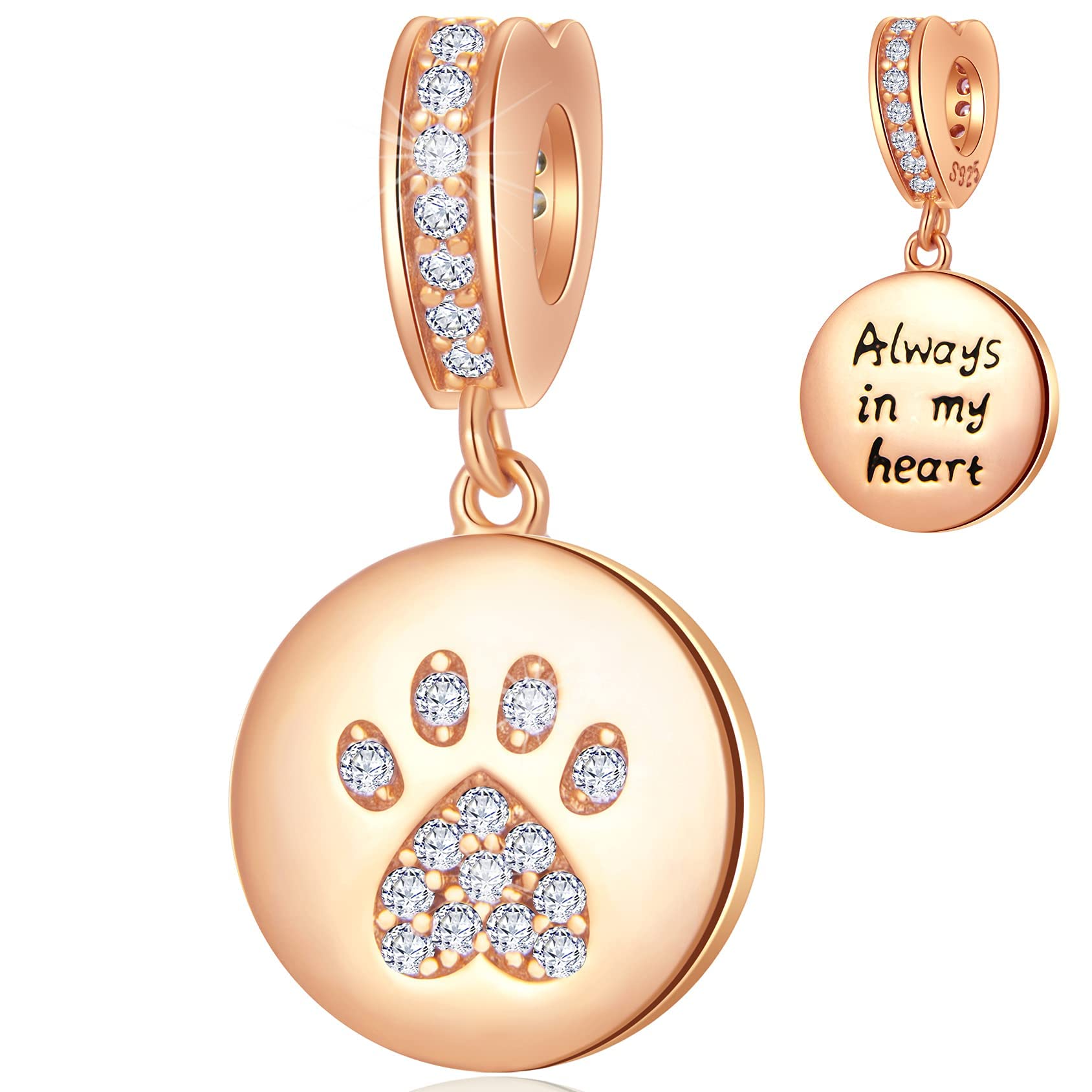 Rose Gold Dog Paw Print Dangle Charms, Fit Pandora Christmas Bracelet, Always in My Heart Cat Pawprint CZ Pendant Beads in 925 Sterling Silver, Gift for Grandma/Mum/Friends/Sister