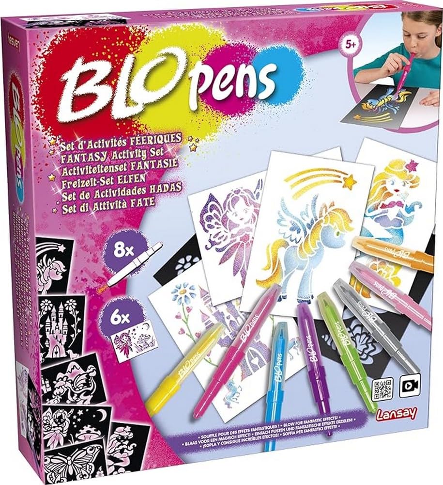 Lansay - BLOPENS - Fairy Activities Set - Blowing Coloring Pens with Reusable Stencils - Gift Idea for Children from 5 Years Old - Fairies, Unicorns & Glitter Mermaids Design Kit
