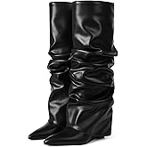 Oiamenne Women's Fold Over Boots Slouch Knee High Boots for Women Wedge Heel Pointed Toe Tall Boot, Wide Calf, Pull-on