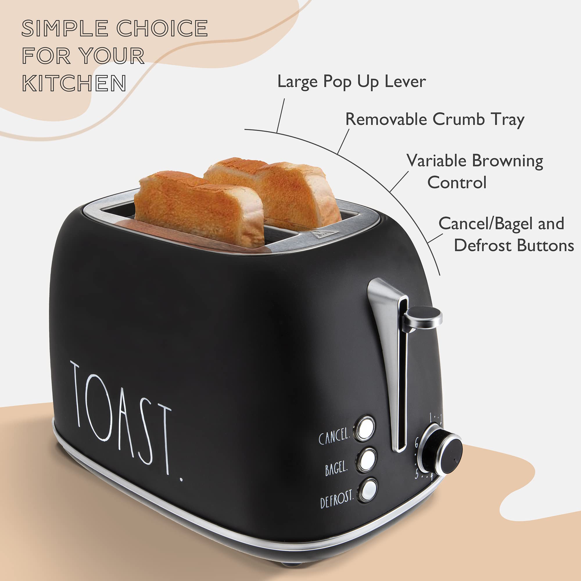 Rae Dunn Tostadora de pan redondeada retro, tostadora de acero inoxidable de 2 rebanadas con bandeja para migas extraíble, ranura ancha con 6 niveles de dorado, opciones de bagel, descongelación y cancelación, color negro