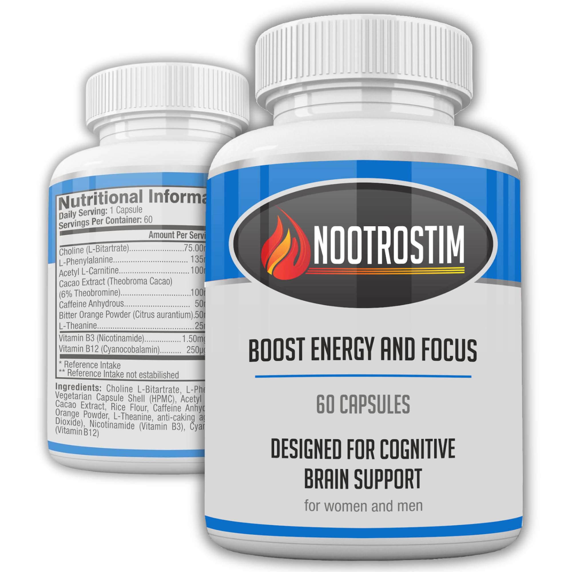 NootroStim- Add Attention, Energy & Focus with Nootropic Brain Supplements & Stimulants for Gamers, Students, and Professionals- 60 Natural Pills Food Supplement with Added Caffeine