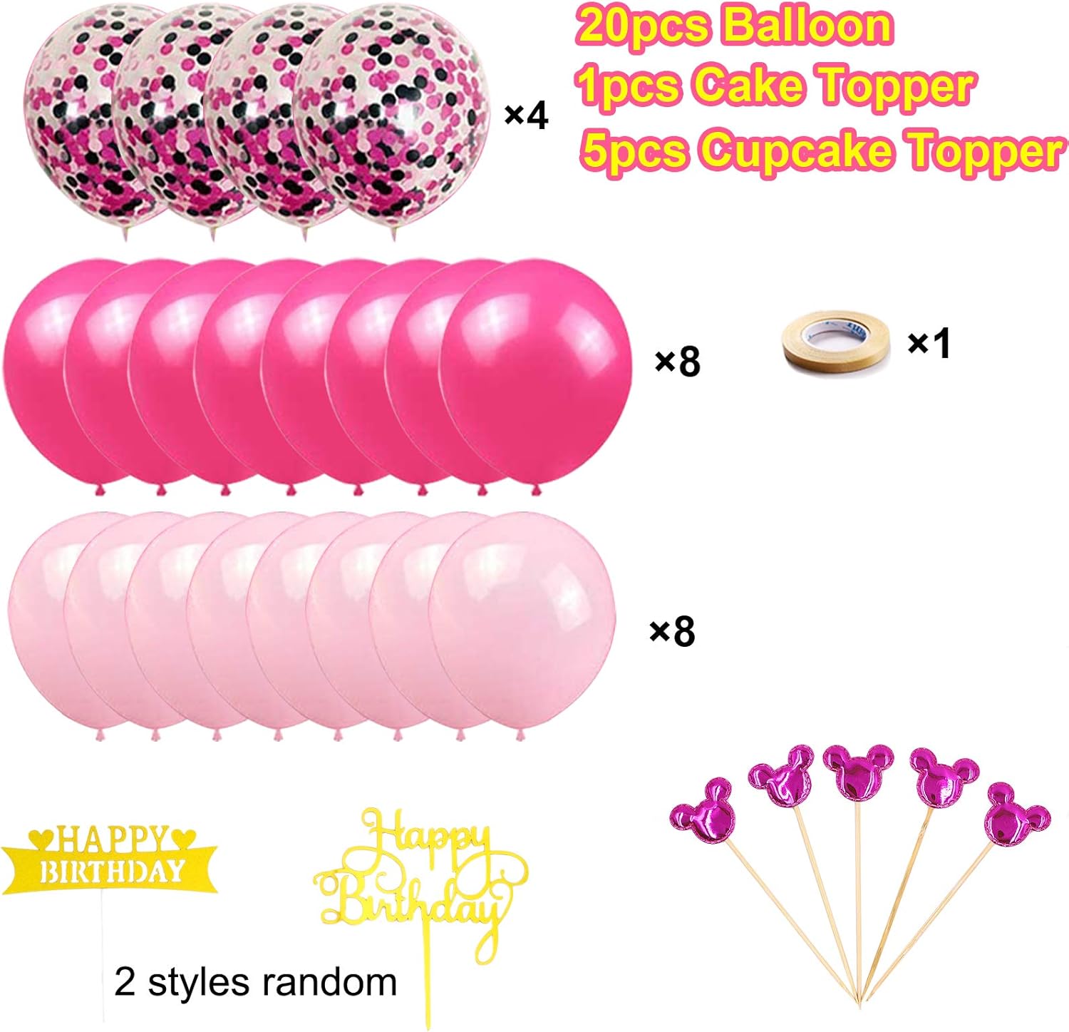 Danirora Minnie Mouse Birthday Party Supplies, Minnie Mouse Party Decorations for Girls 1st 2nd 3rd Birthday Decor Pink Balloon Banner and Mouse Ears Headband for Kids: Toys & Games
