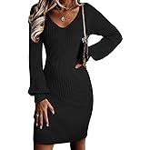 Sidefeel Womens 2025 Fall Winter Ribbed Knit Sweater Dress Casual Long Sleeve Sexy V Neck Bodycon Mini Dress