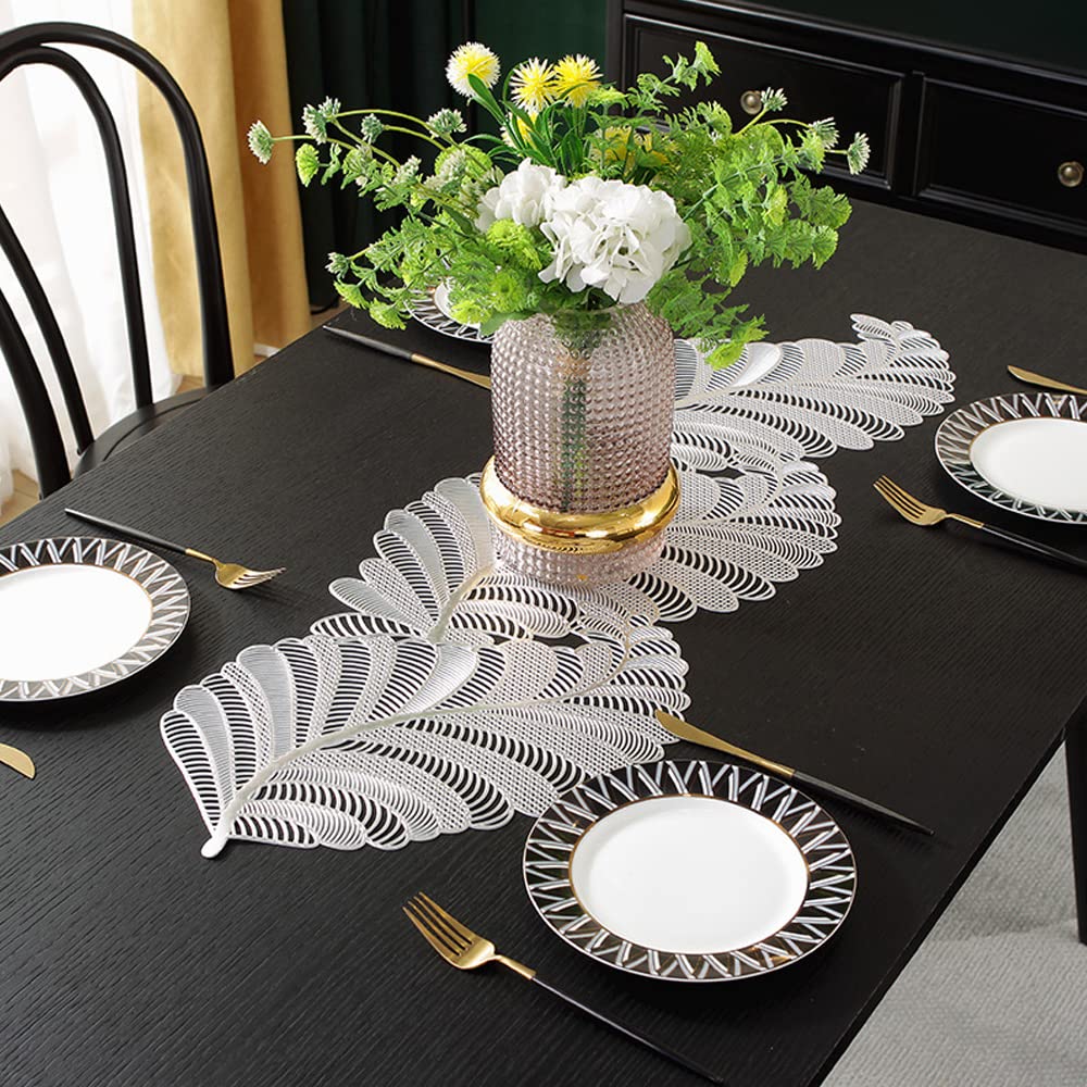 Hosoncovy PVC Hollow Table Runner Non-slip Decorative Table Mats Placemat for Home Party Kitchen Dining Wedding Decor (92CM X 33CM) (Silver)