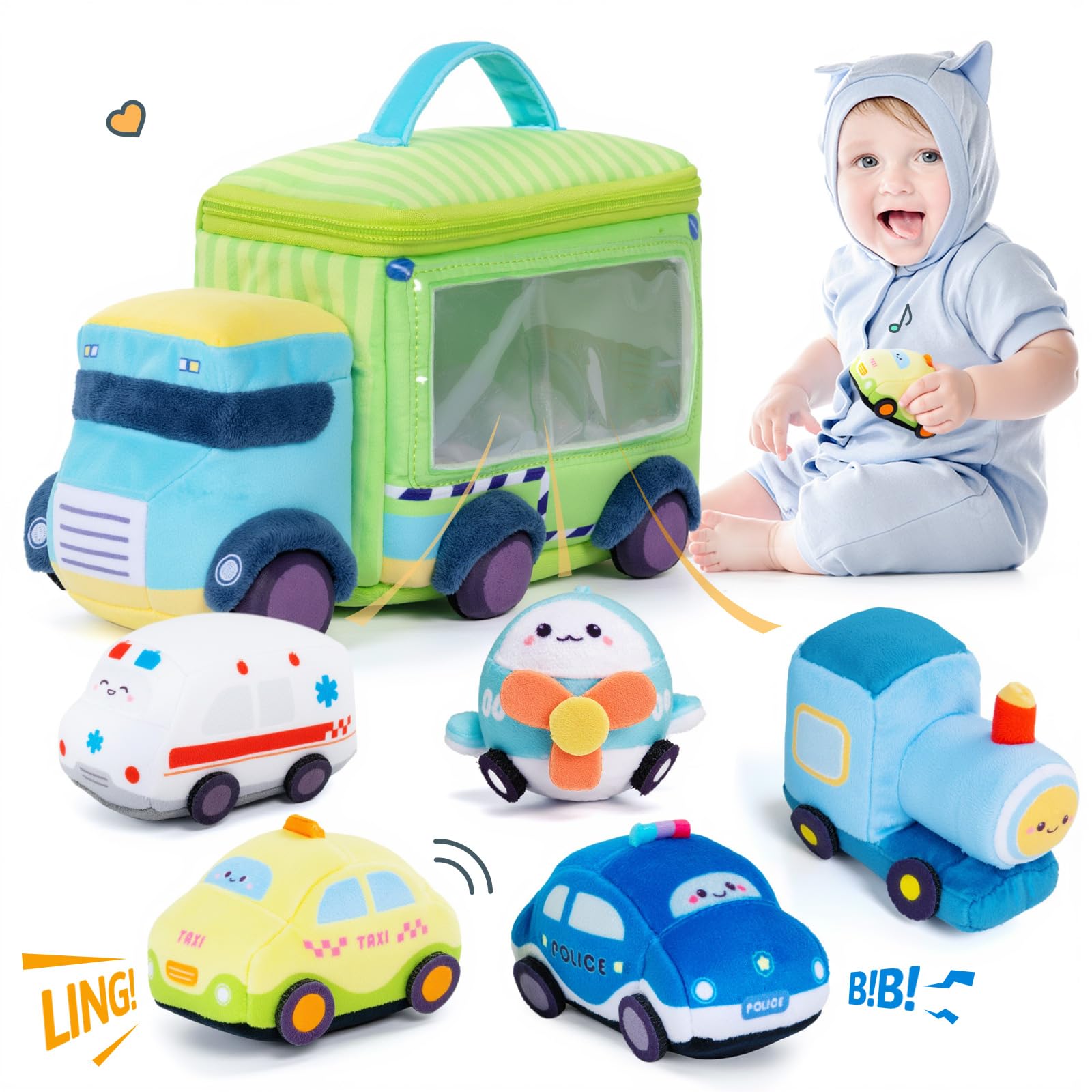 Photo 1 of (partial set) (missing carrying case) OUOZZZ Baby Boy Toys - Soft Cars for Toddlers 1-3 - Little Blue Truck Plush Toys for Babies- First Birthday Gifts for Infant - Stuffed Car with Squeaker, Bell Ringing Sensory Toys Portable Playset